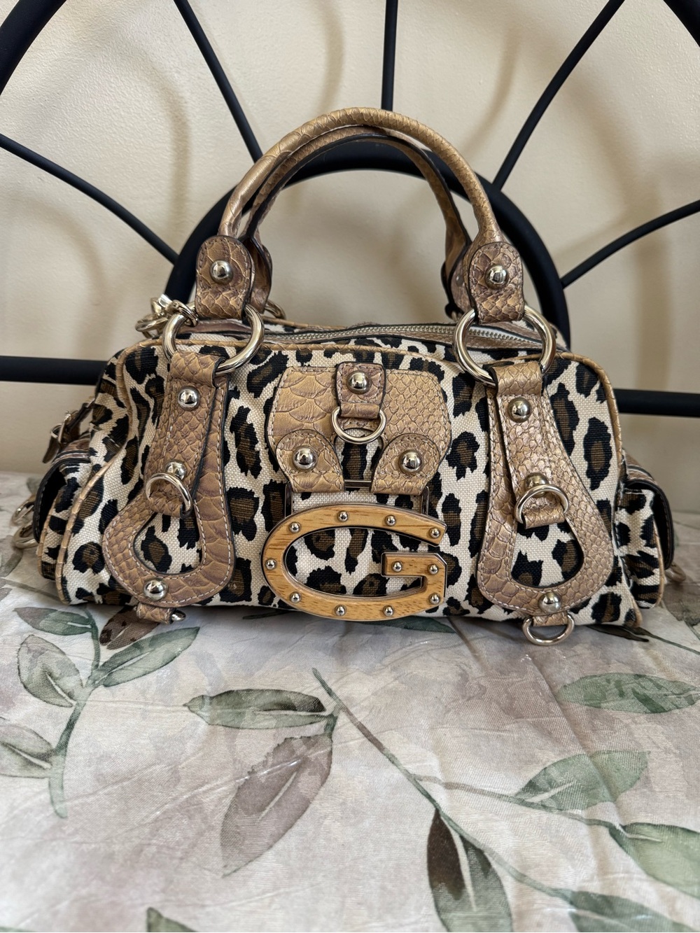 VINTAGE GUESS Leopard Print Satchel with Gold G Accent and Tan Trim